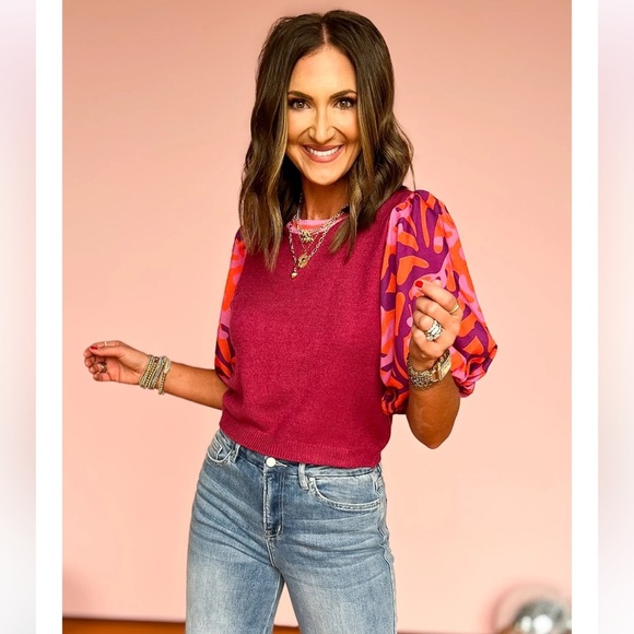 THML Burgundy Knit Mixed Media Top Puff Sleeves Size Large - Picture 3 of 8